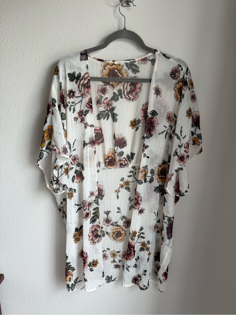Maurices Floral Sheer Open Kimono in White with Pink and Green